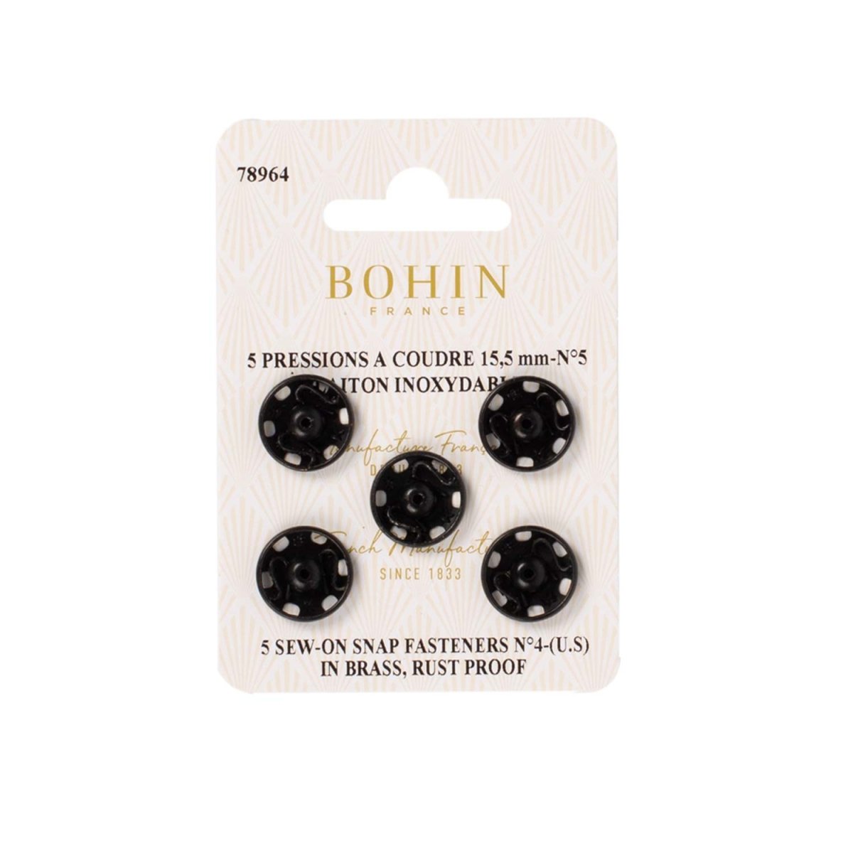 Bohin Pressions à coudre laiton noir 6 à 21 mm