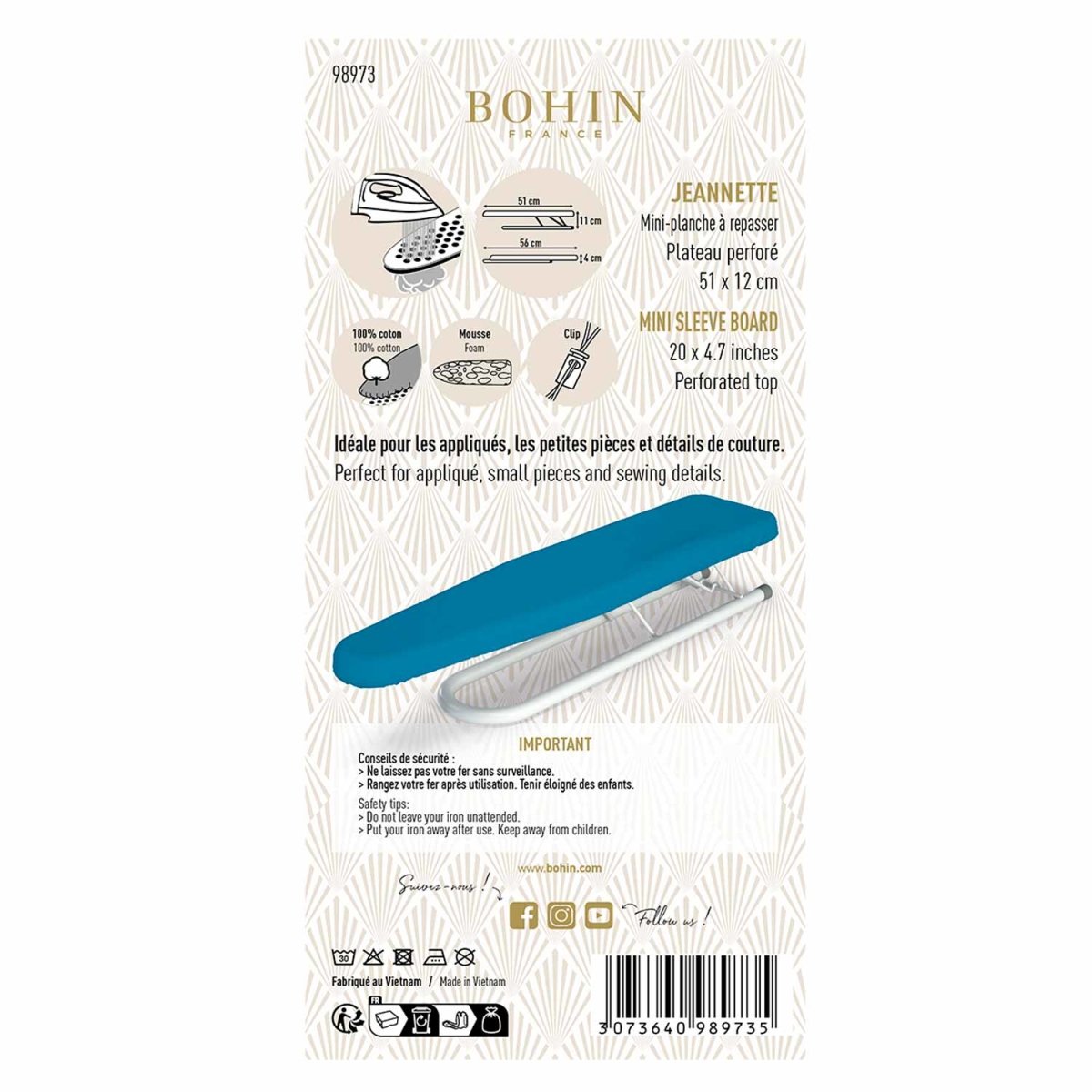 Bohin Accessoires d'entretien textile Mini planche à repasser Jeannette 51x12 cm