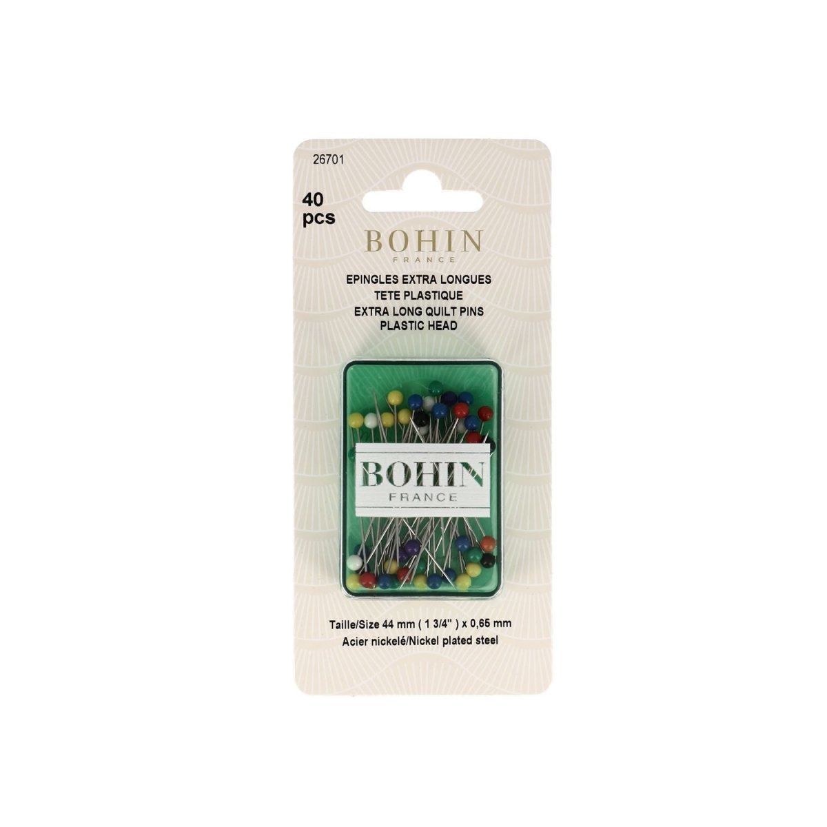 Bohin Épingles tête plastique 44 mm boîte 40 inox