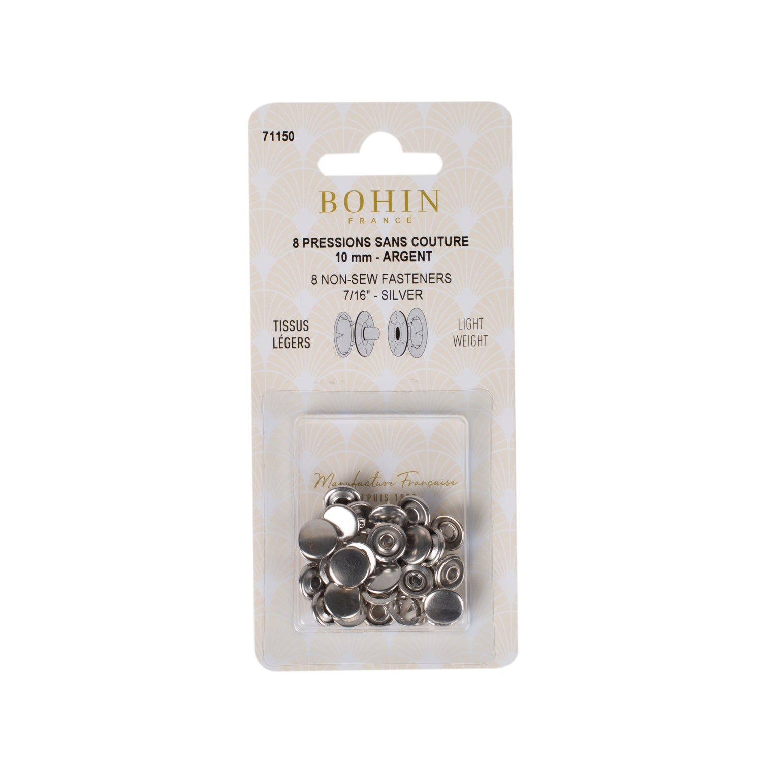 Bohin Boutons pressions sans couture 10 mm argent x8