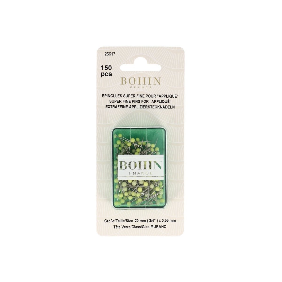 Bohin épingles verre appliqué tissu fin 20 mm jaune x150