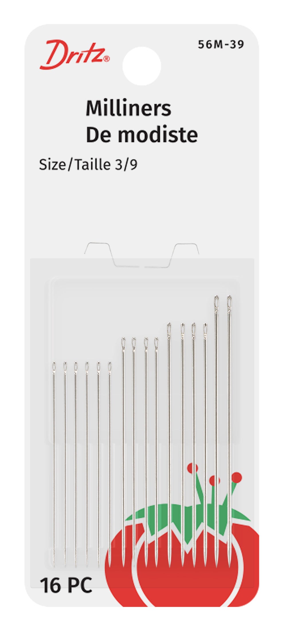 Dritz Milliners 56M-39 aiguilles main longues 16 pièces