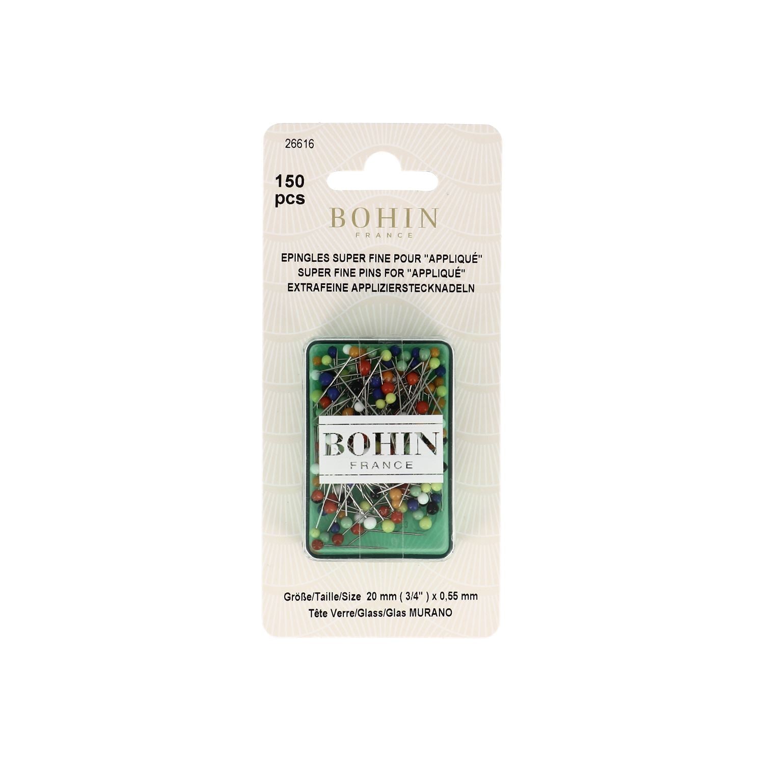 Bohin épingles verre appliqué tissu fin 20 mm jaune x150