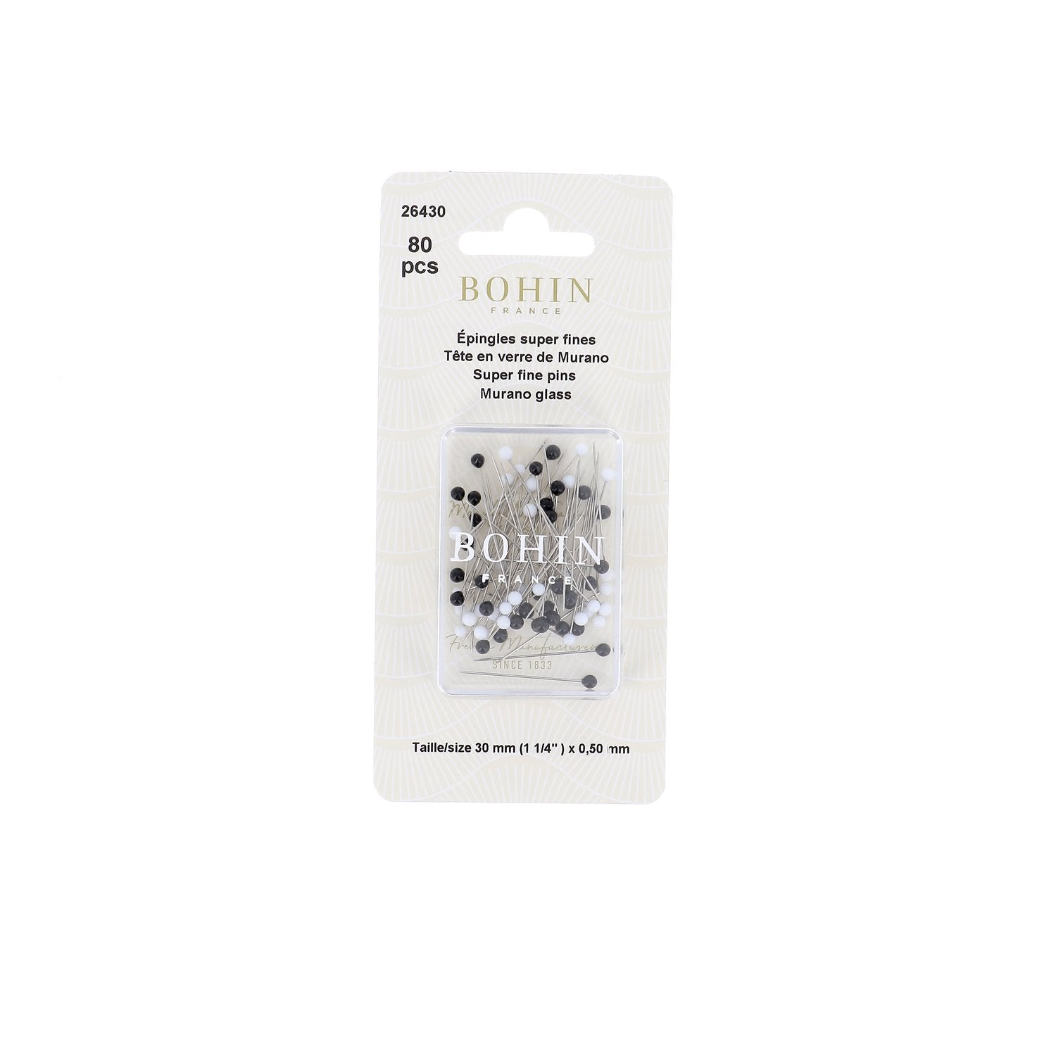 Bohin Épingles Super fines verre Murano 30 mm noir/blanc