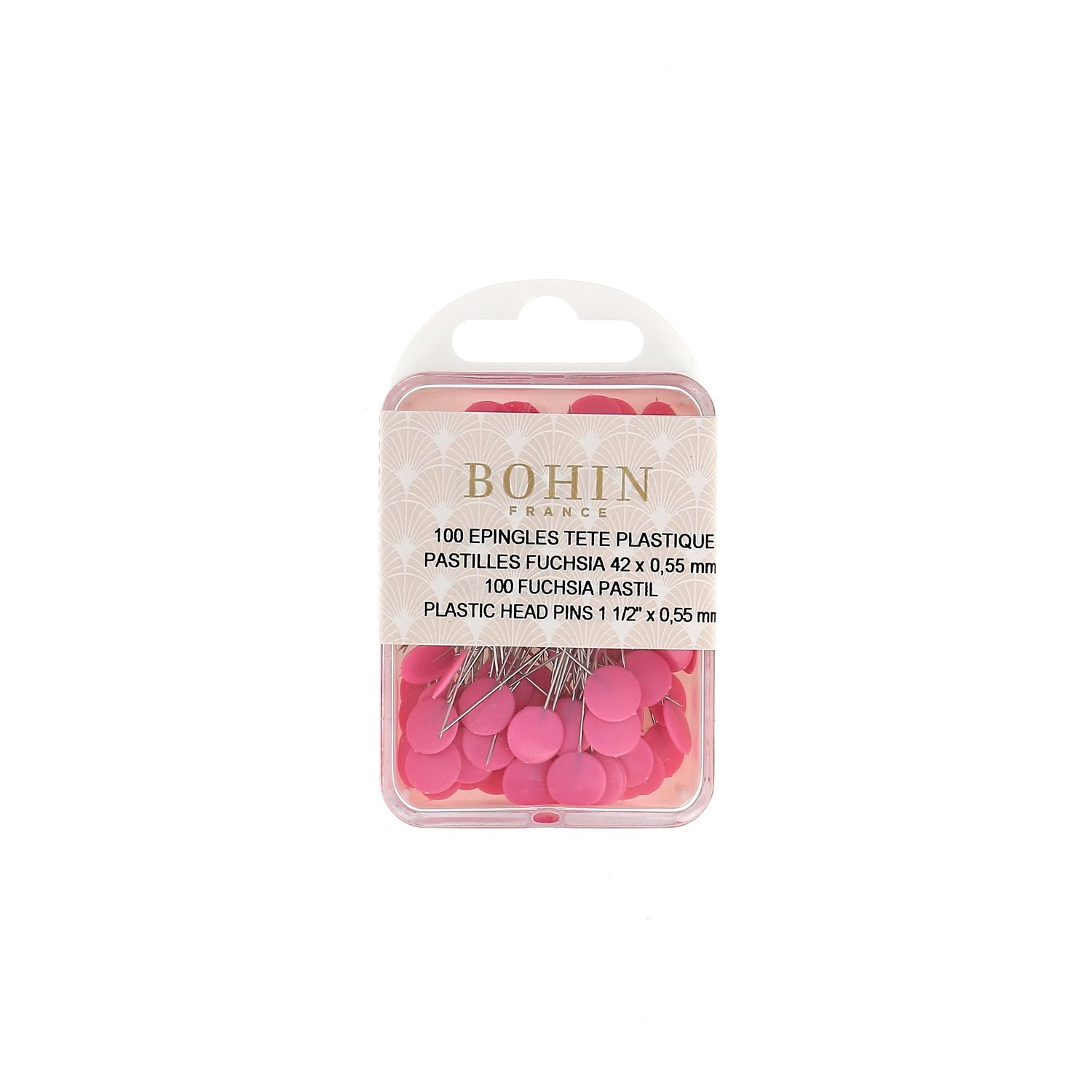 Bohin Épingles tête plastique rose Pastilles fuchsia boîte 100