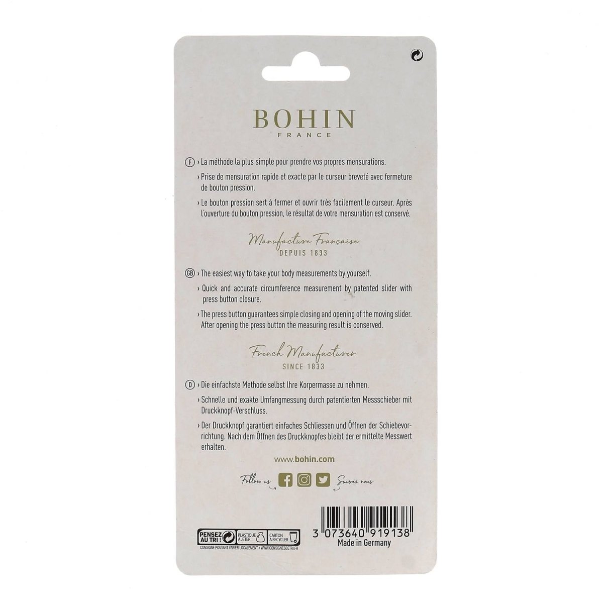 Bohin Mesure Mètre corps jaune 150 cm taille poitrine