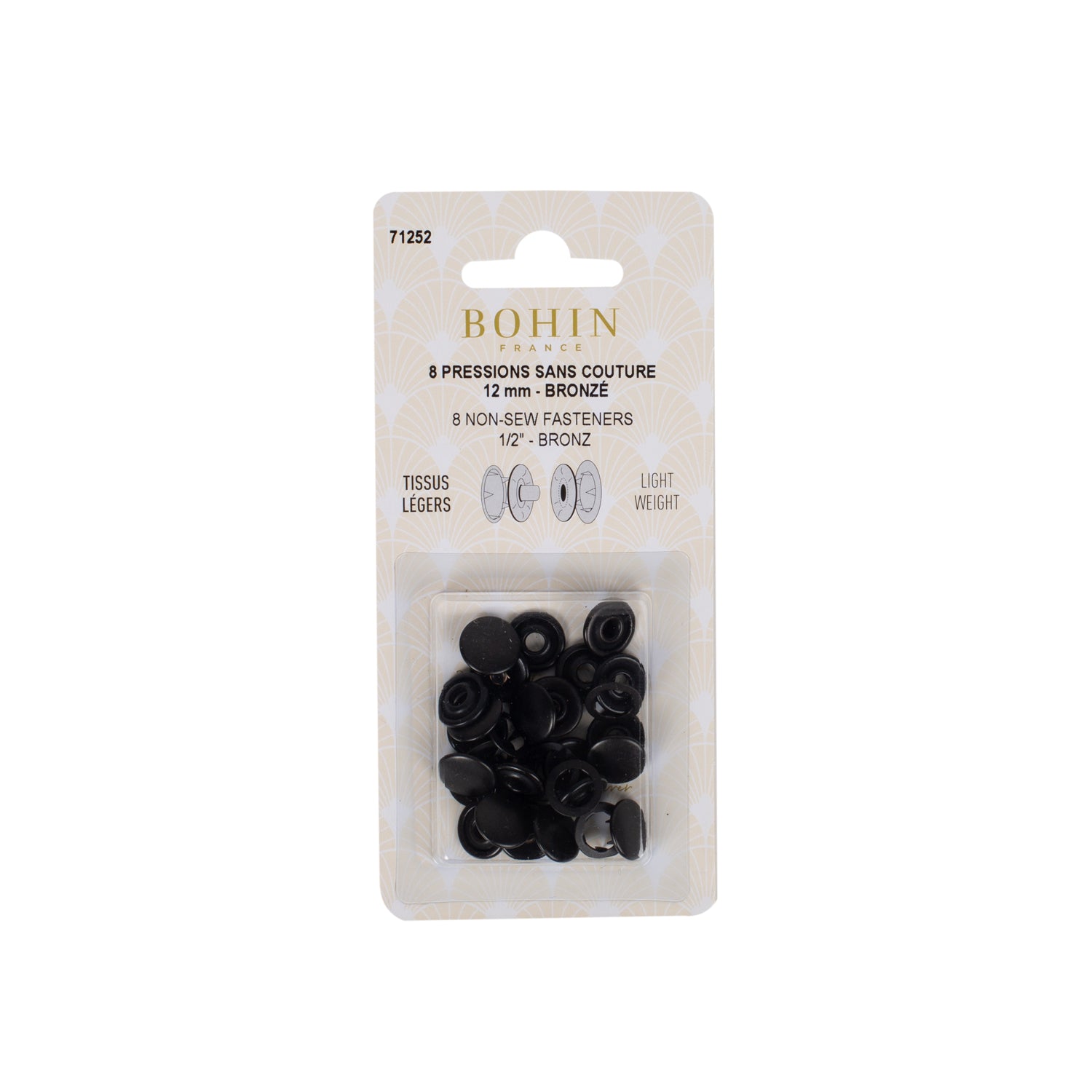 Bohin pressions sans couture 12 mm argent tissus légers x8