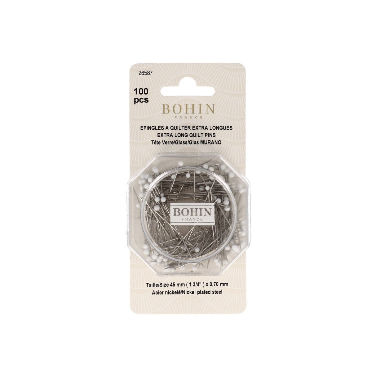 Bohin Épingles Tête Verre Extra-Longues 45 mm x100