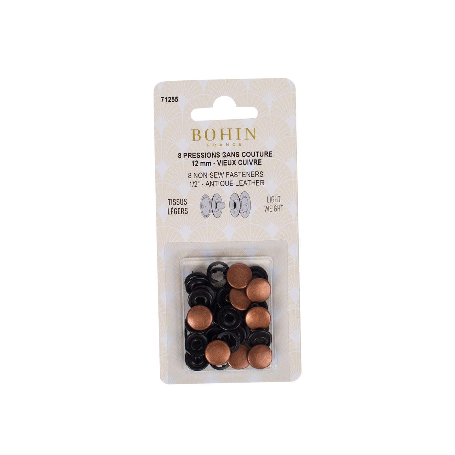 Bohin pressions sans couture 12 mm argent tissus légers x8