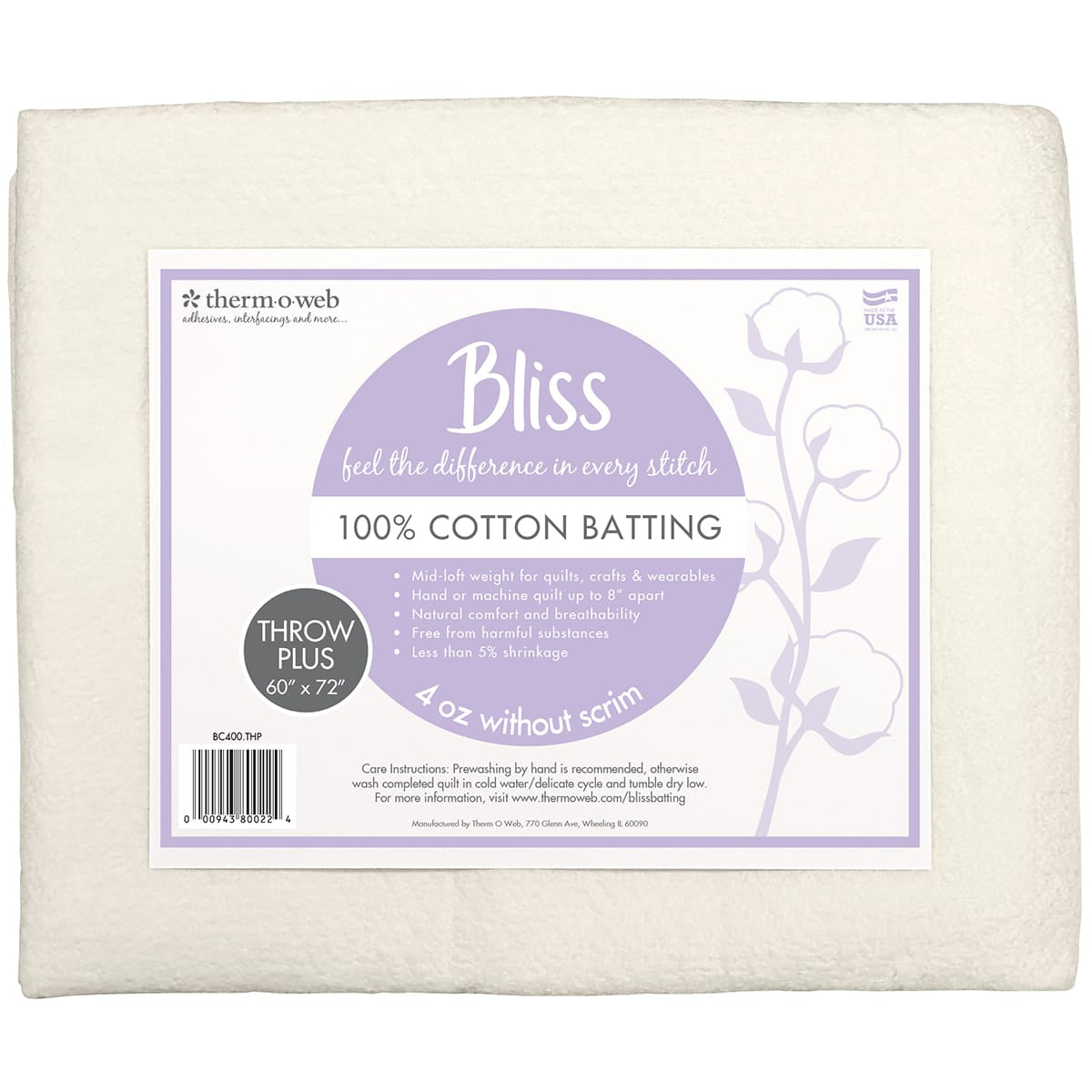 HeatnBond Bliss Molleton Coton Throw Plus 60x72 100% Coton