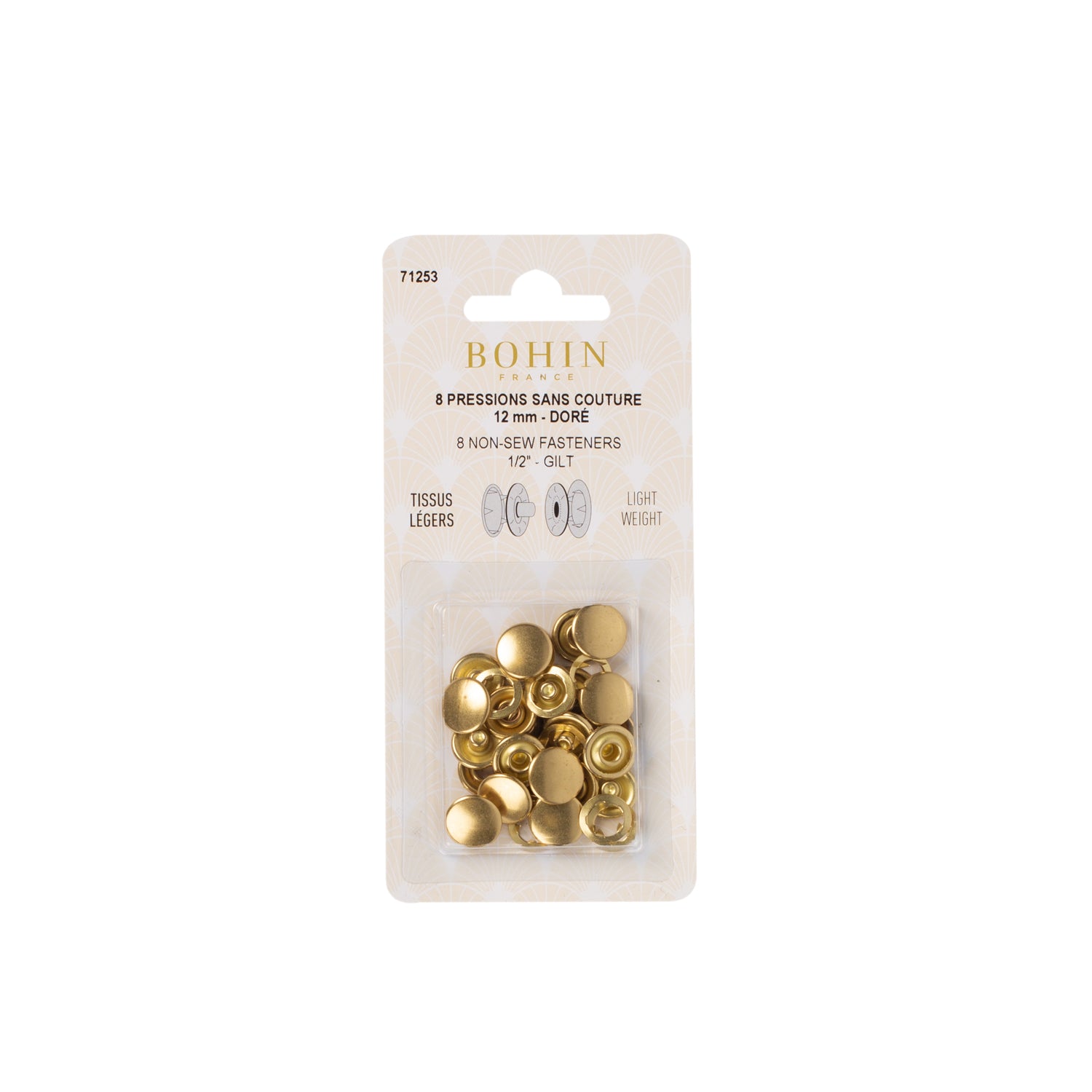 Bohin pressions sans couture 12 mm argent tissus légers x8