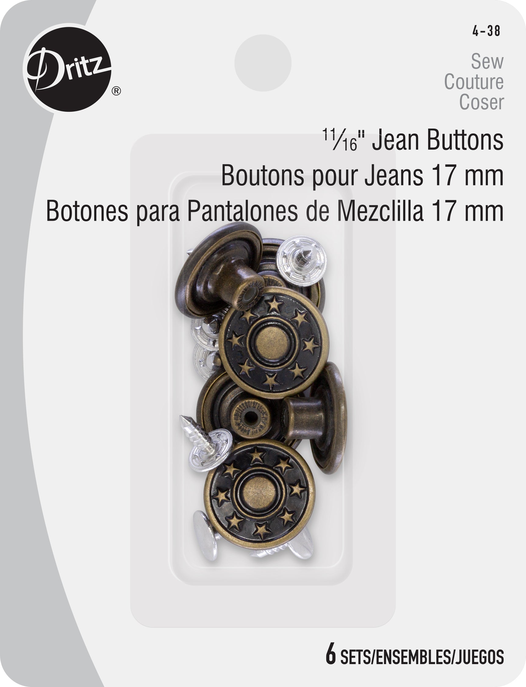 Dritz Jean Buttons boutons jean sans couture laiton antique 6 pc