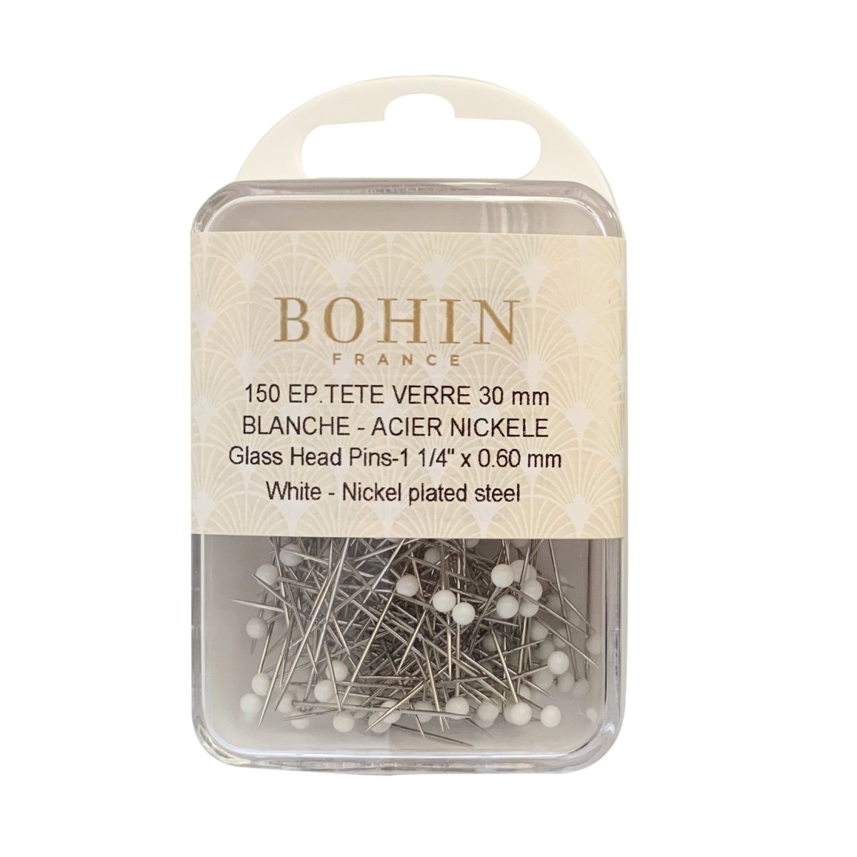 Bohin M7 épingles tête verre blanc 30 mm 80 pièces