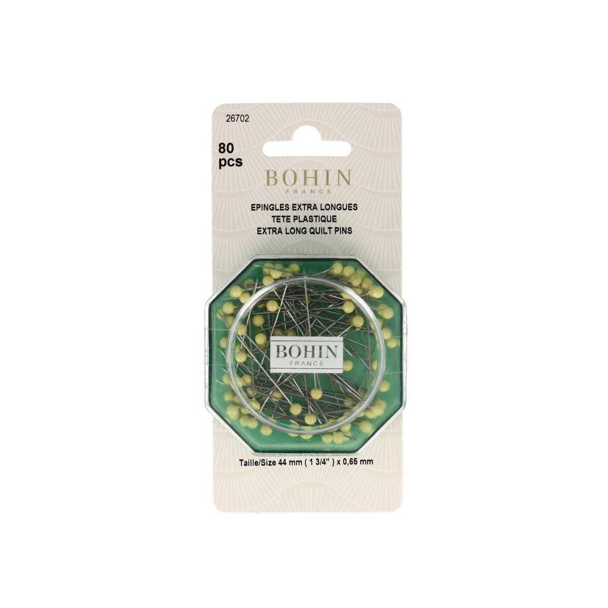Bohin Épingles tête plastique jaune 44 mm 80 épingles