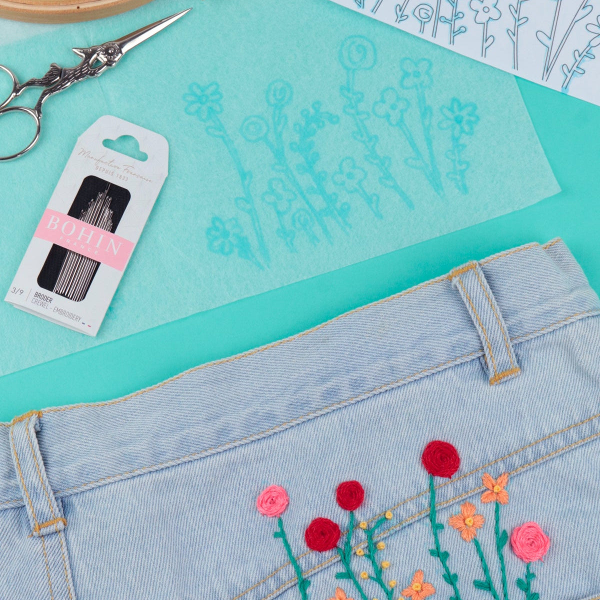Bohin papier transfert textile kit 3 feuilles + feutre