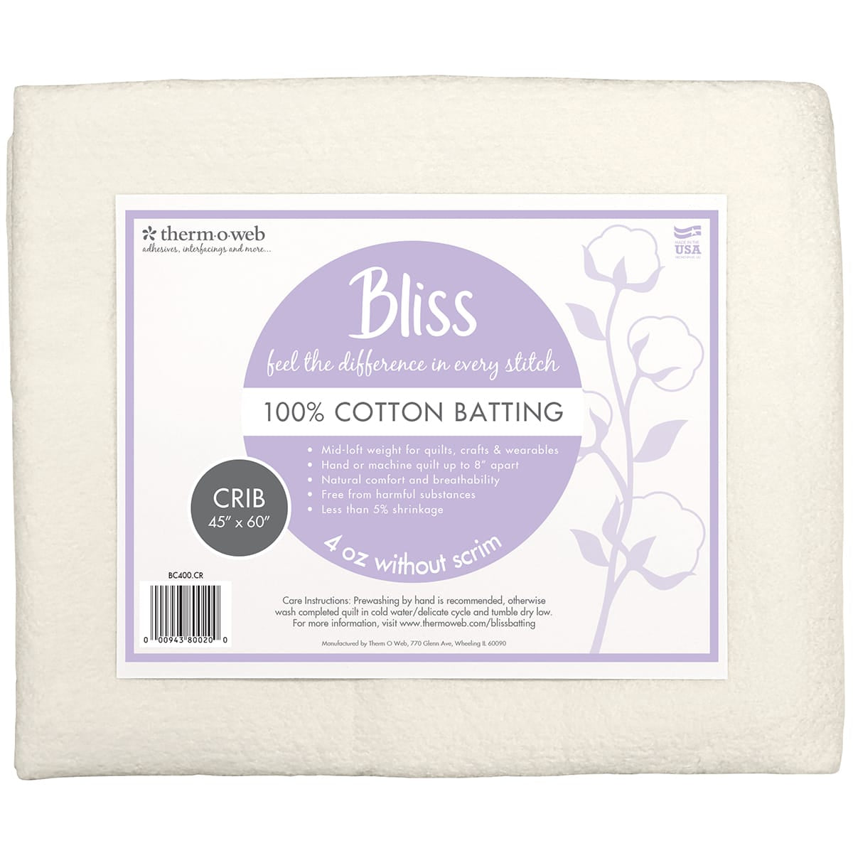 Bliss Battings ouate coton Crib 114x152 cm 100% coton