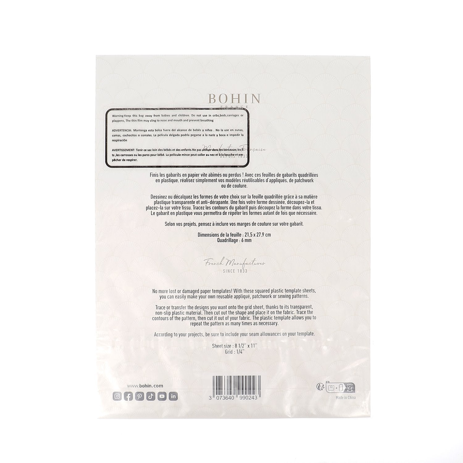 Bohin Feuilles gabarits quadrillées lot de 2