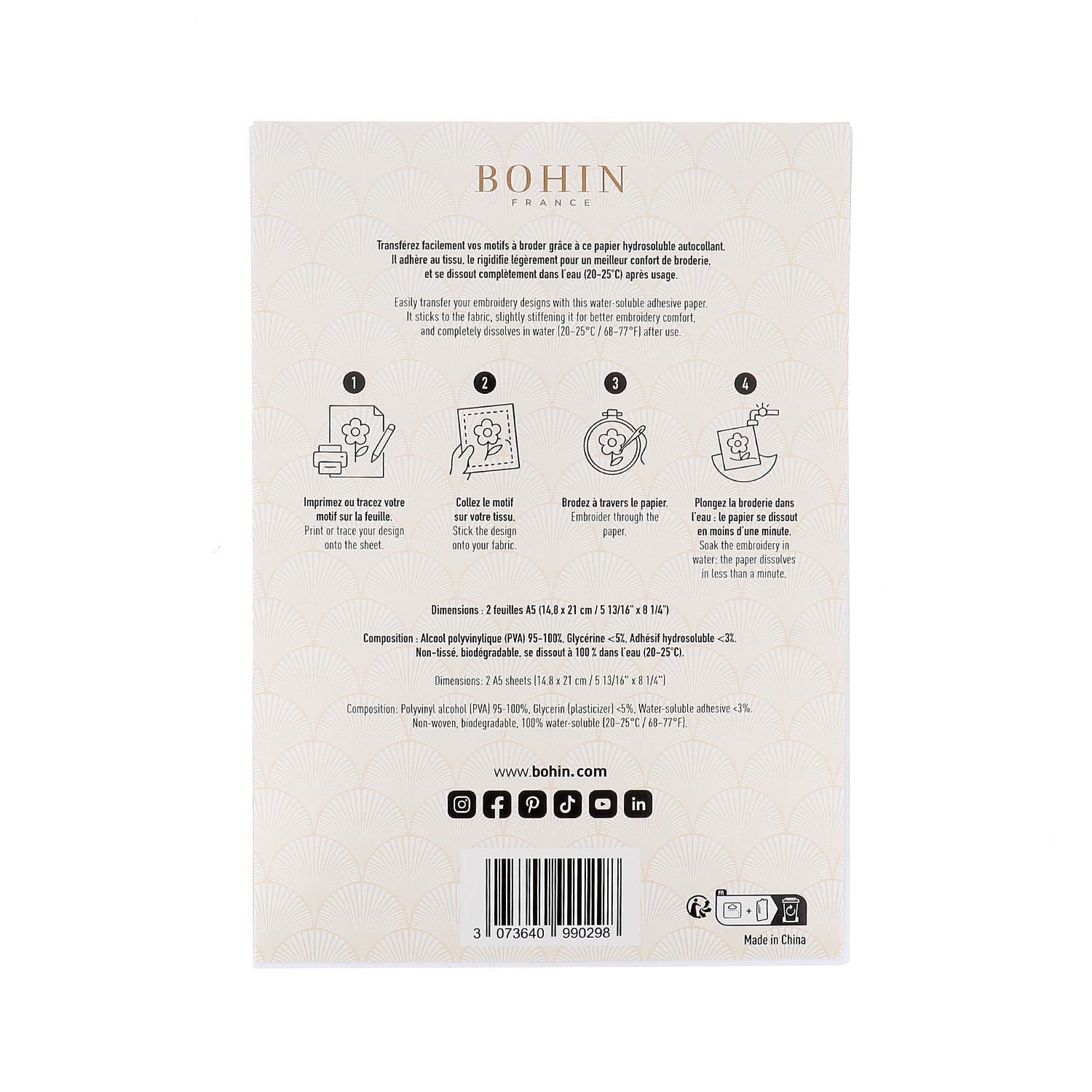 Bohin Broderie Papier Hydrosoluble A5 x2 Autocollant