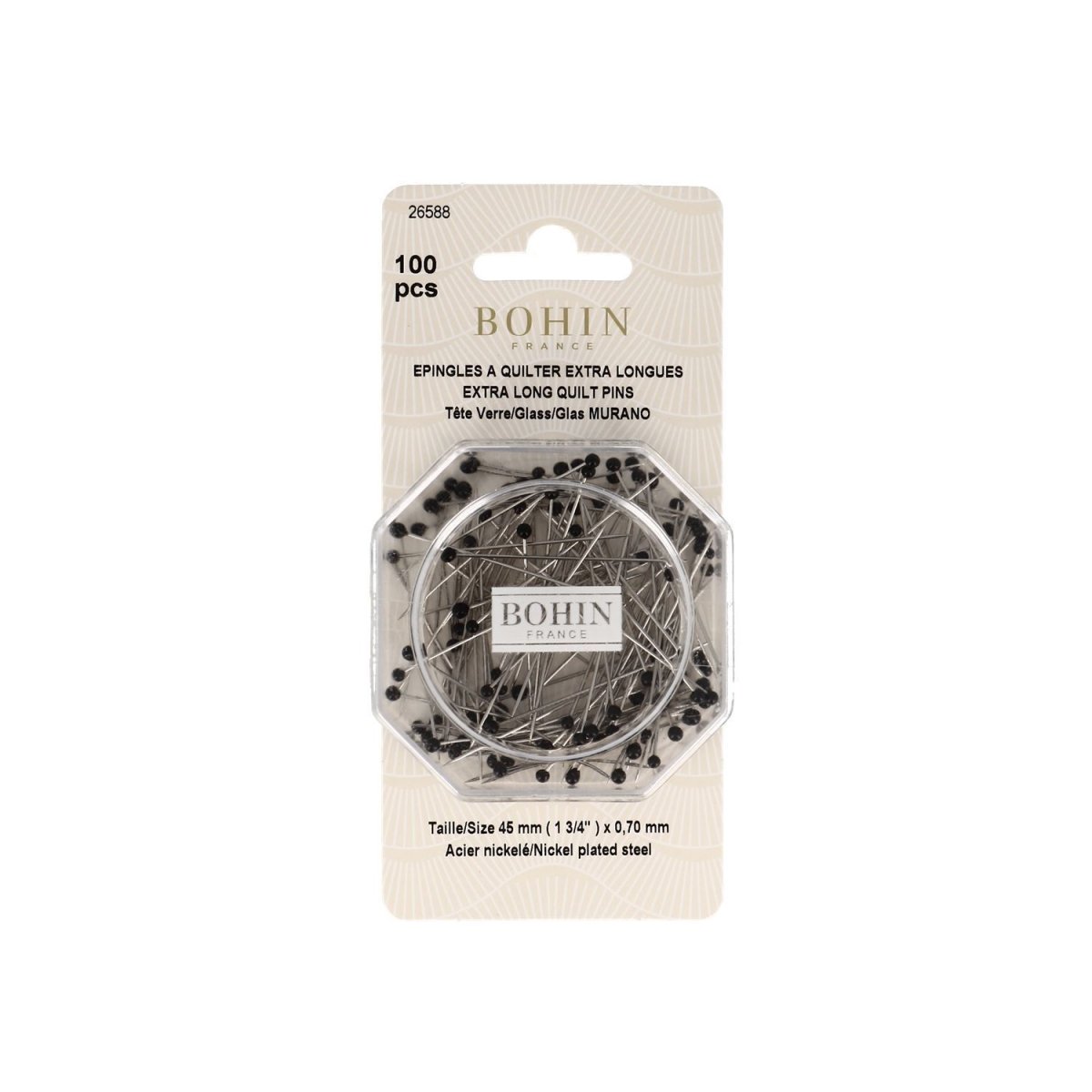 Bohin Épingles Tête Verre Extra-Longues 45 mm x100