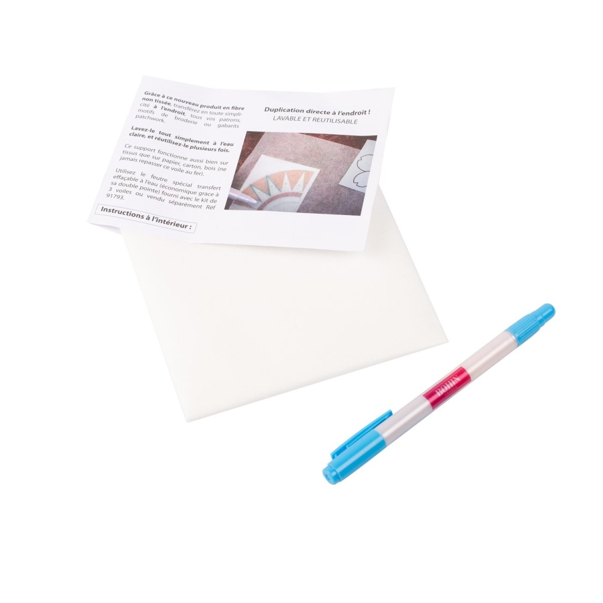 Bohin papier transfert textile kit 3 feuilles + feutre