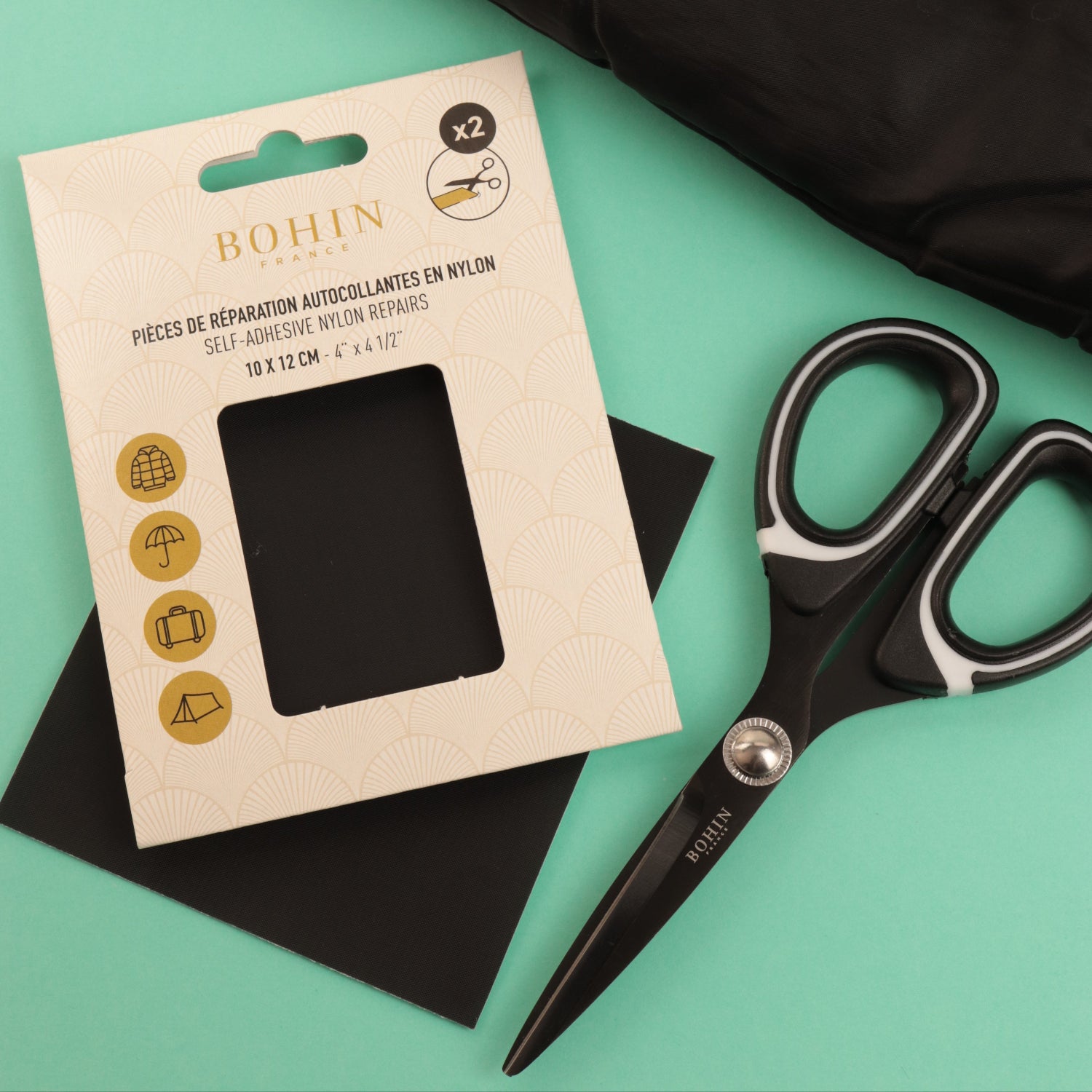 Bohin Colles Nylons autocollants noir x2 réparation 10x12 cm