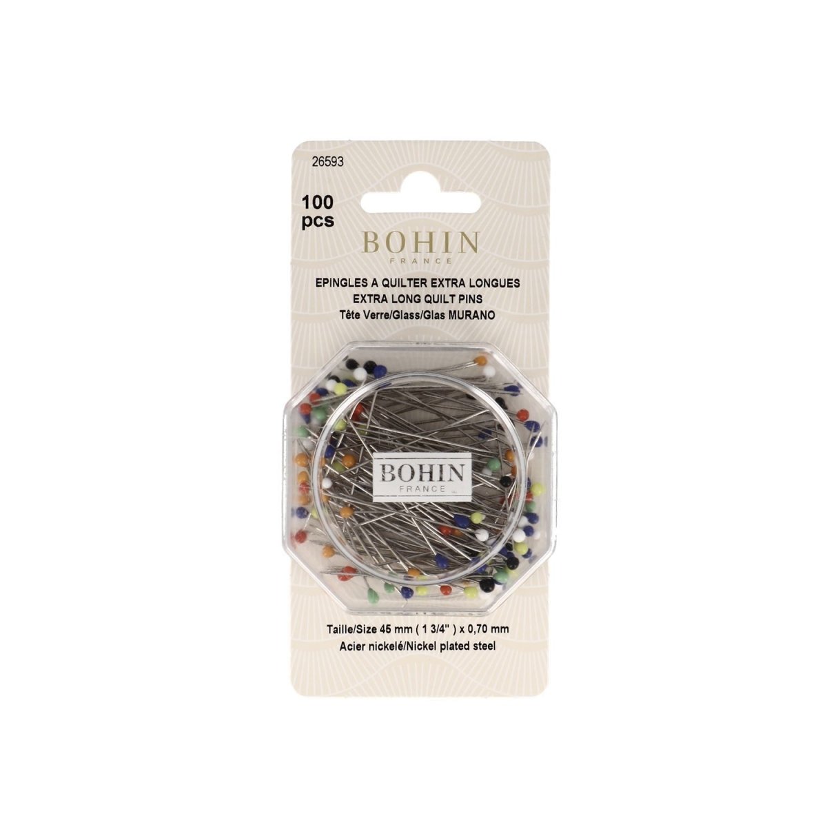 Bohin Épingles Tête Verre Extra-Longues 45 mm x100