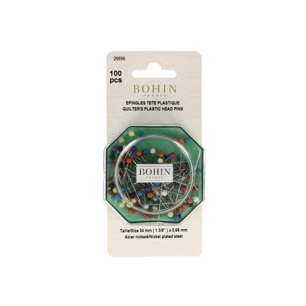 Bohin Épingles tête plastique 34 mm 100 pièces acier