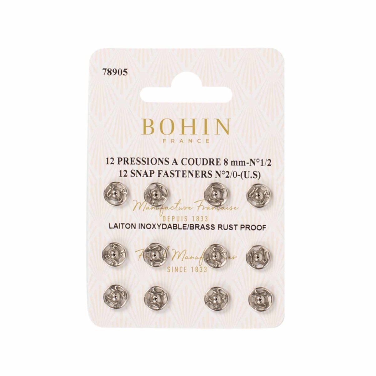 Bohin Boutons et pressions à coudre argent 8 mm