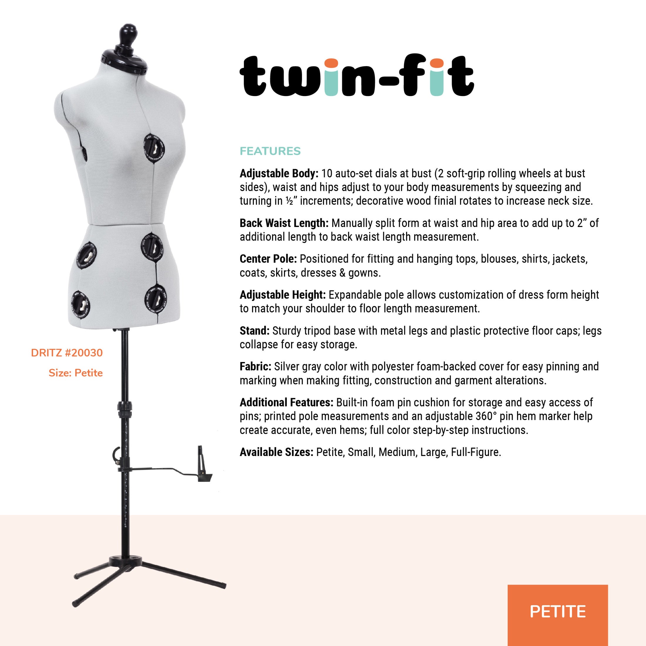 Dritz Twin-Fit mannequin couture réglable taille M