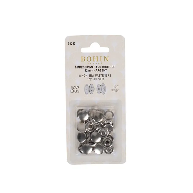 Bohin pressions sans couture 12 mm argent tissus légers x8