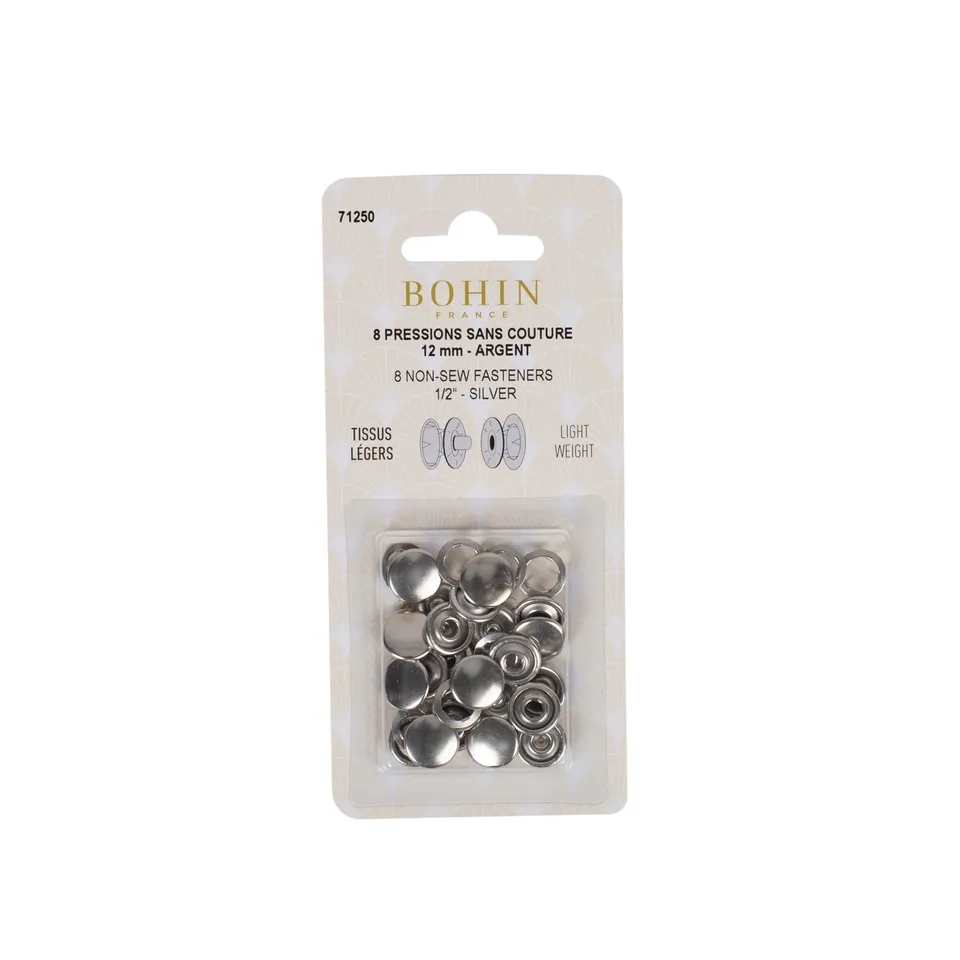 Bohin pressions sans couture 12 mm argent tissus légers x8