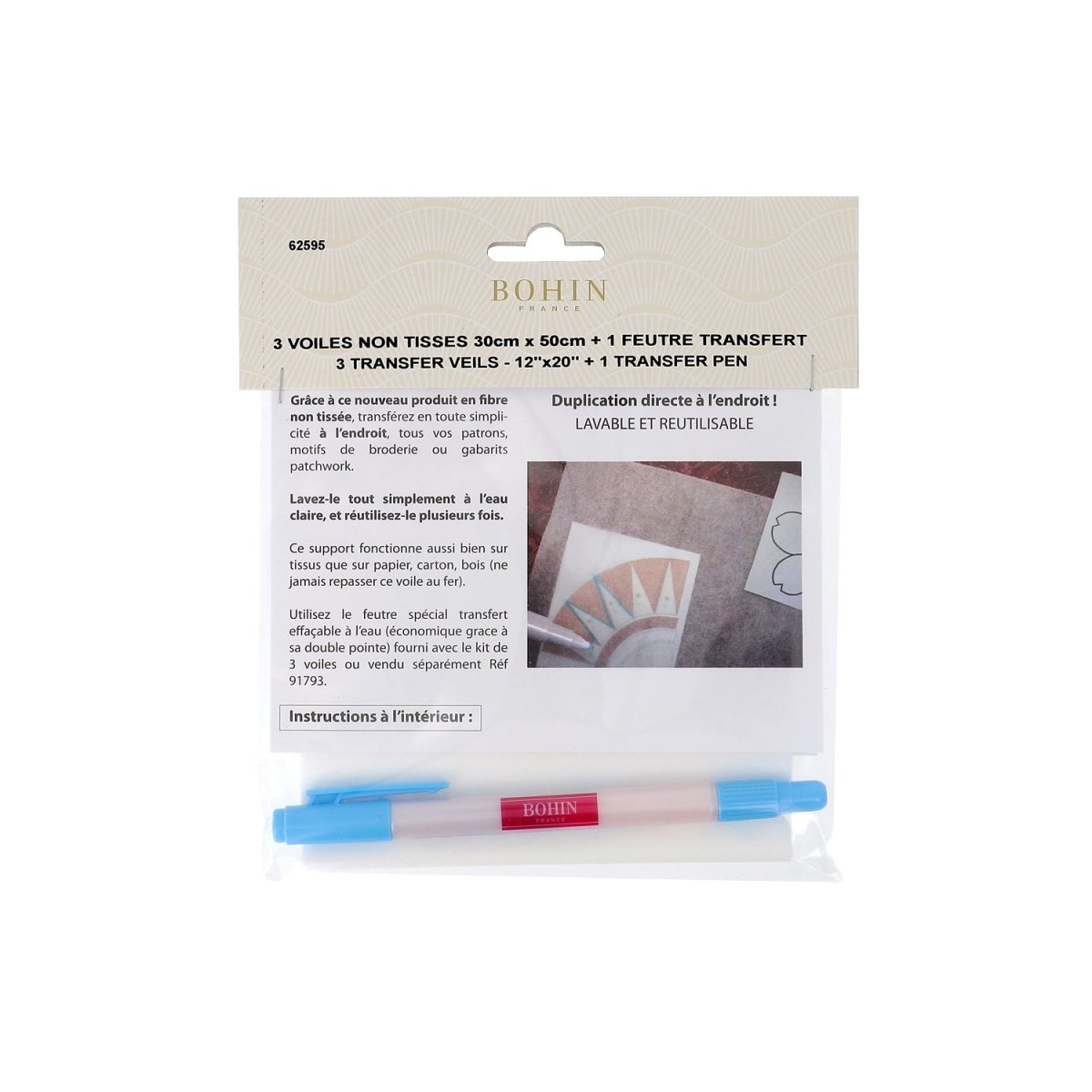 Bohin papier transfert textile kit 3 feuilles + feutre