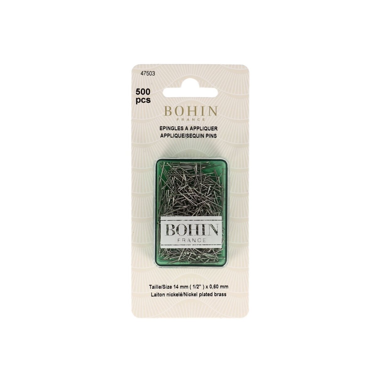 Bohin Épingles appliqué argent 14 mm boîte 500