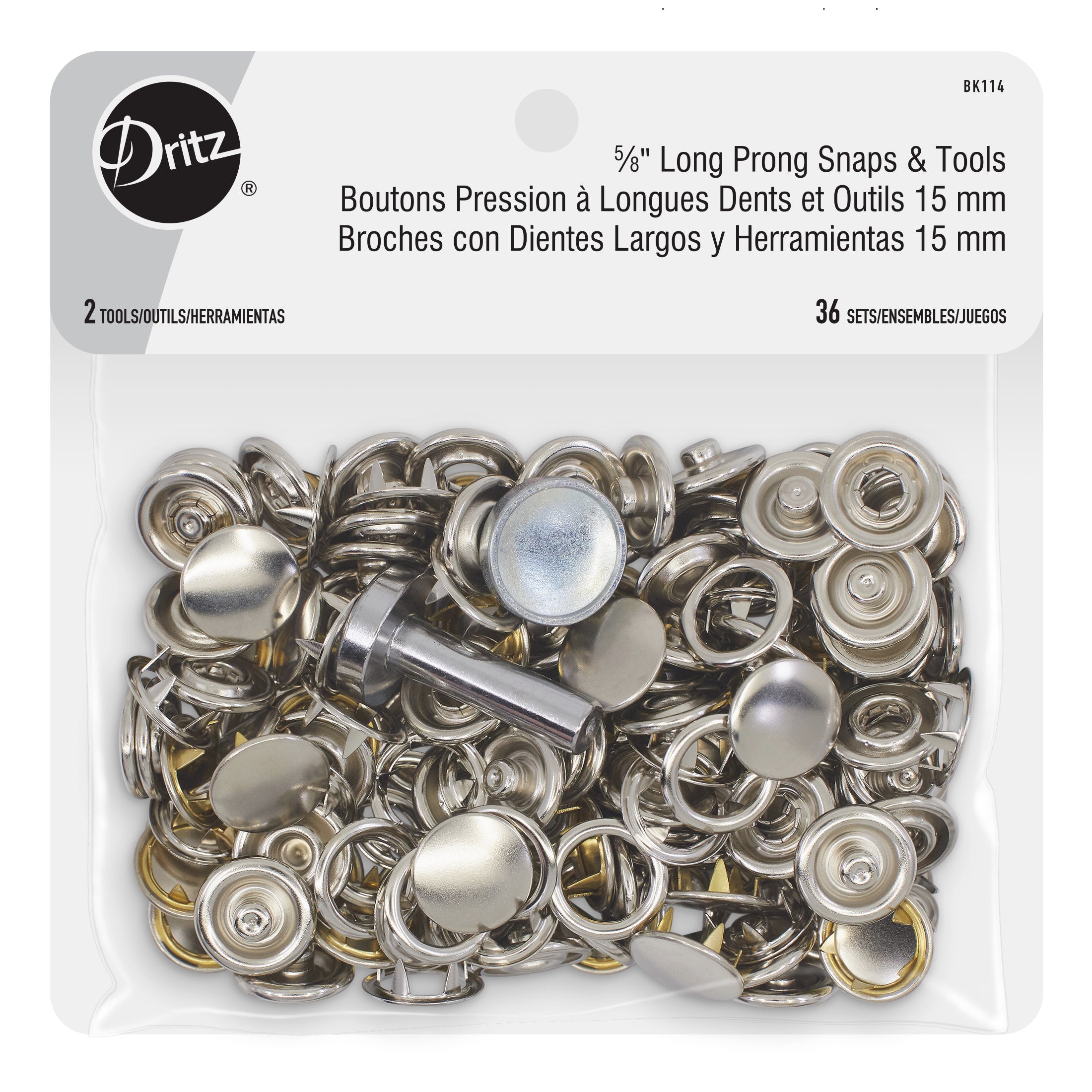 Dritz Fasteners Boutons Pression 5/8" Nickel 36 Jeux Tissu Épais