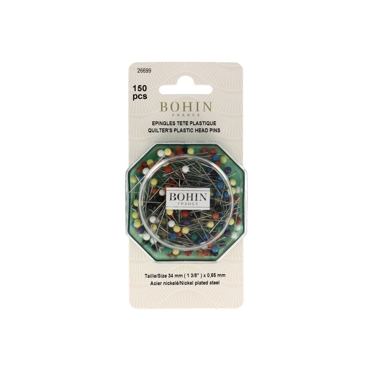 Bohin Épingles tête plastique 34 mm 100 pièces acier